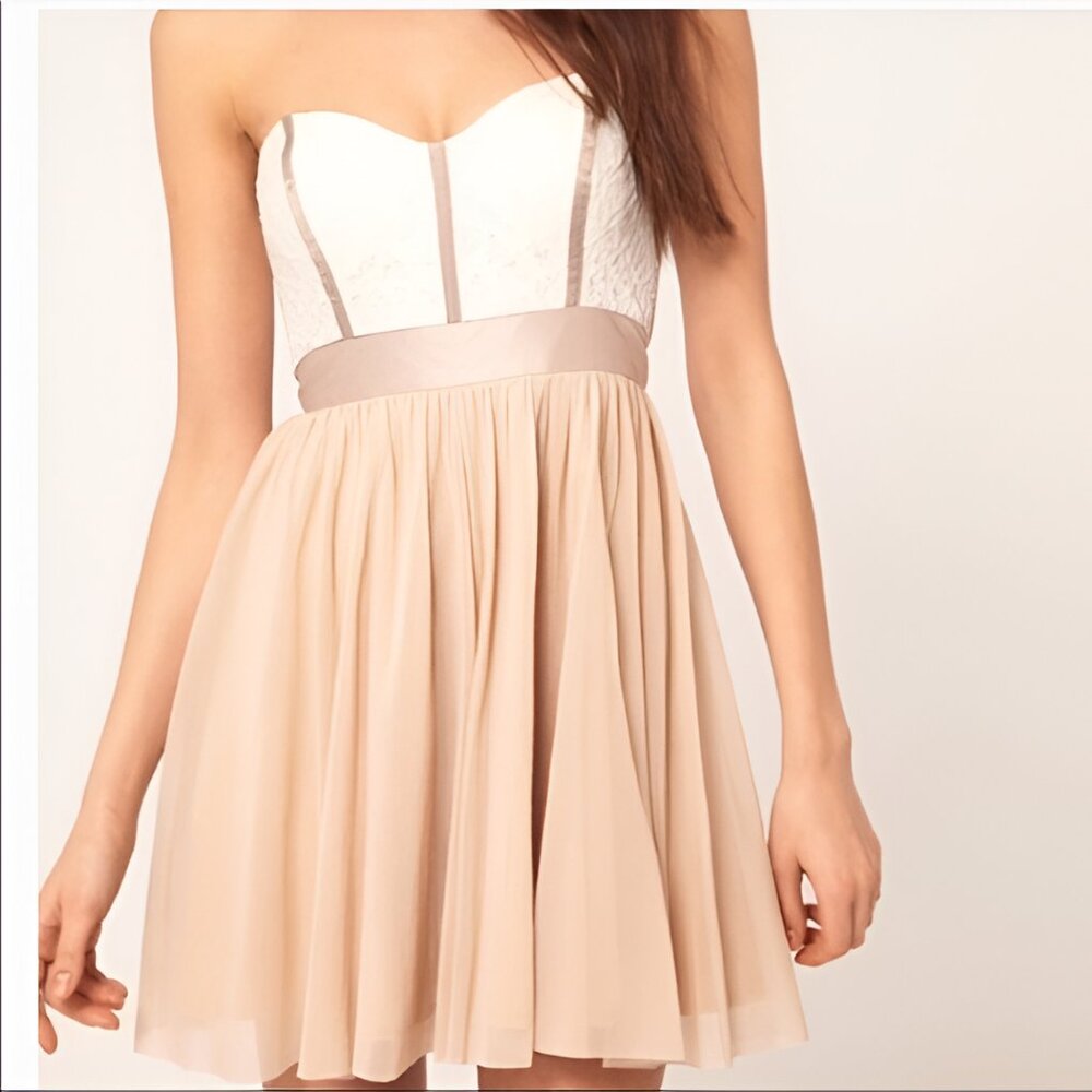 Charlotte Russe Khaki Tan Beige Chiffon White Lace Flowy Flirty Mini Dress M